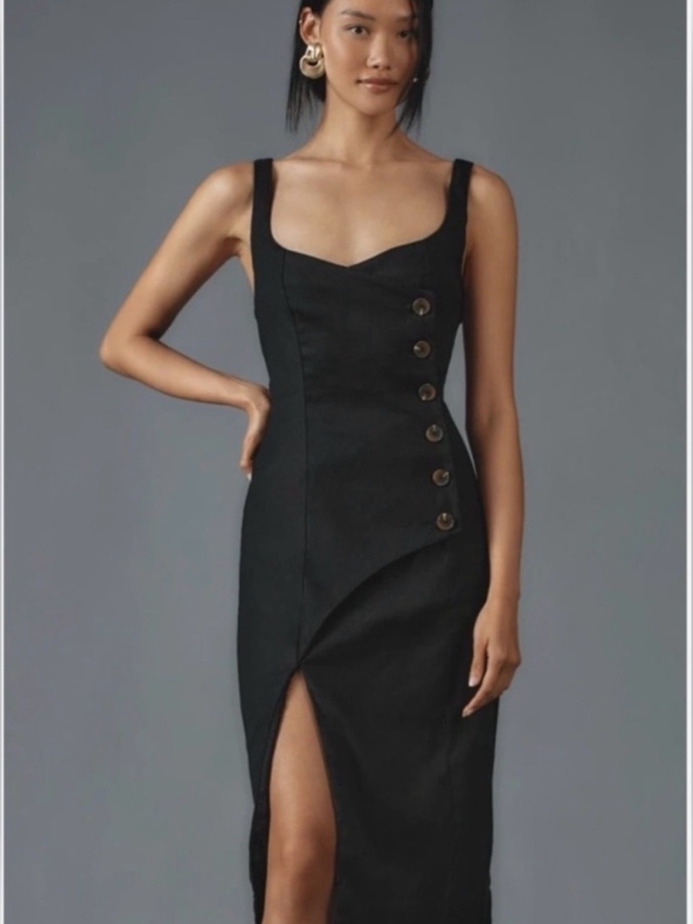Anthropologie Black Midi Dress with Button Detail